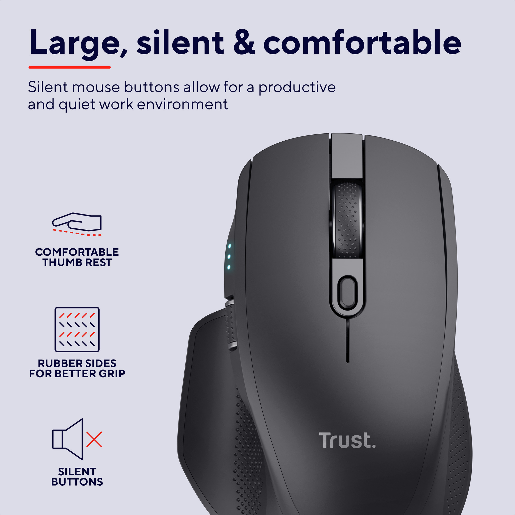 Black ergonomic mouse with thumb rest and silent buttons.