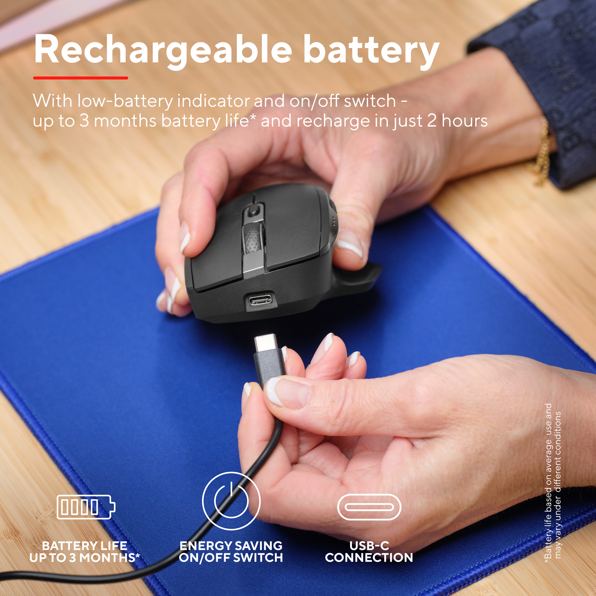 A person holding a black mouse connected to a USB-C cable. Text says 'Rechargeable battery' and other info.