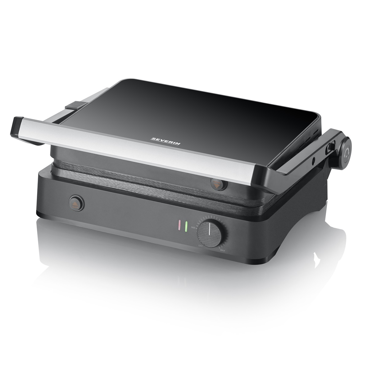 A black sandwich press with a handle and control dial. It is on a white background.