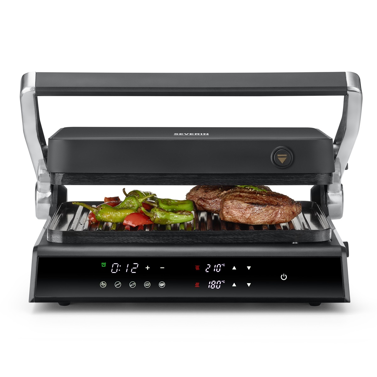 Schwarzer Severin Kontaktgrill mit Gemüse und Fleisch. Digitalanzeige mit Zeit und Temperatur.