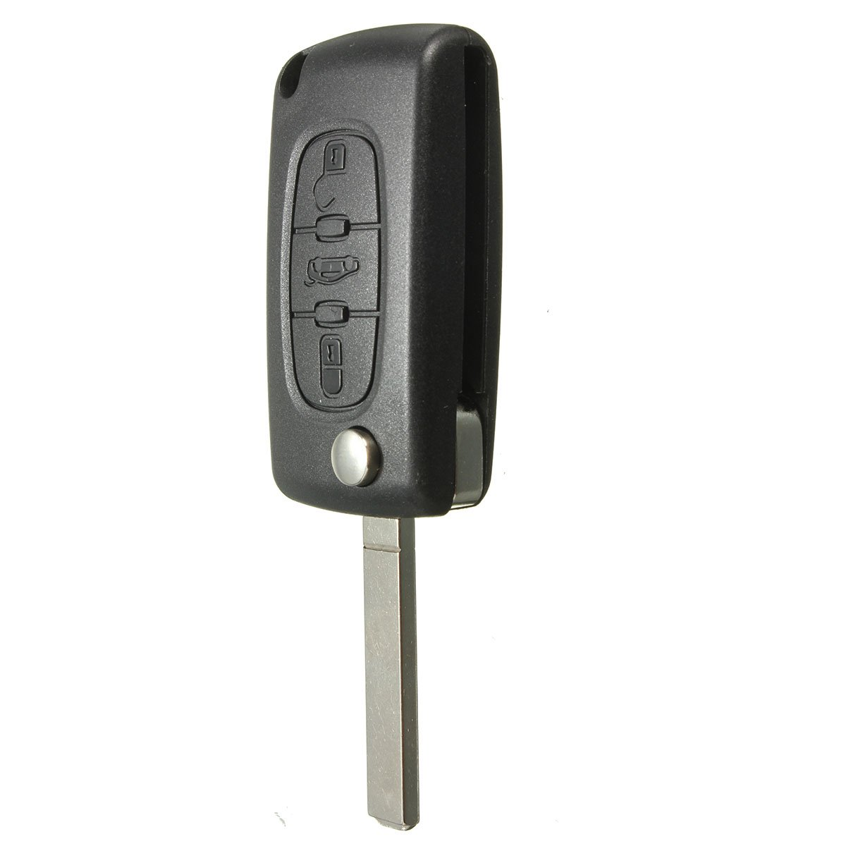 Schwarzer Autoschlüssel mit Metall-Schlüsselblatt. Knöpfe sind auf der Schlüsseloberfläche sichtbar.
