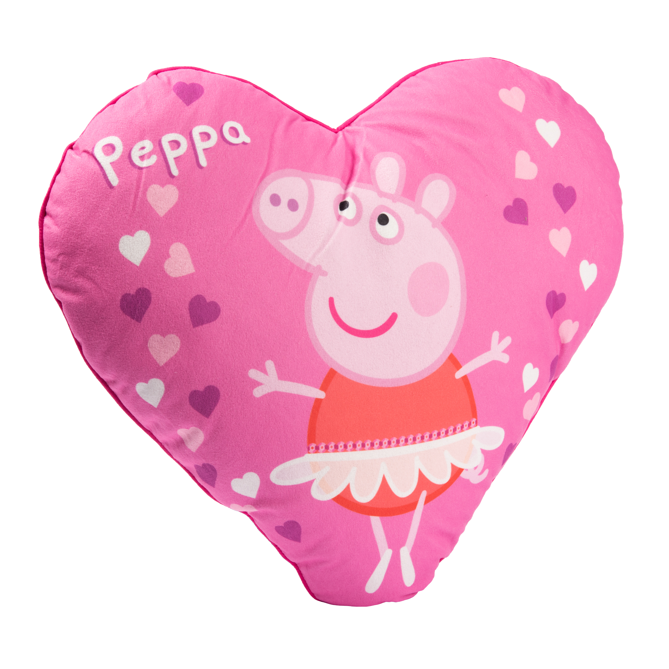 Ein rosa herzförmiges Kissen mit Peppa Wutz. Es hat Herzen und Peppa Wutz in einem roten Kleid.