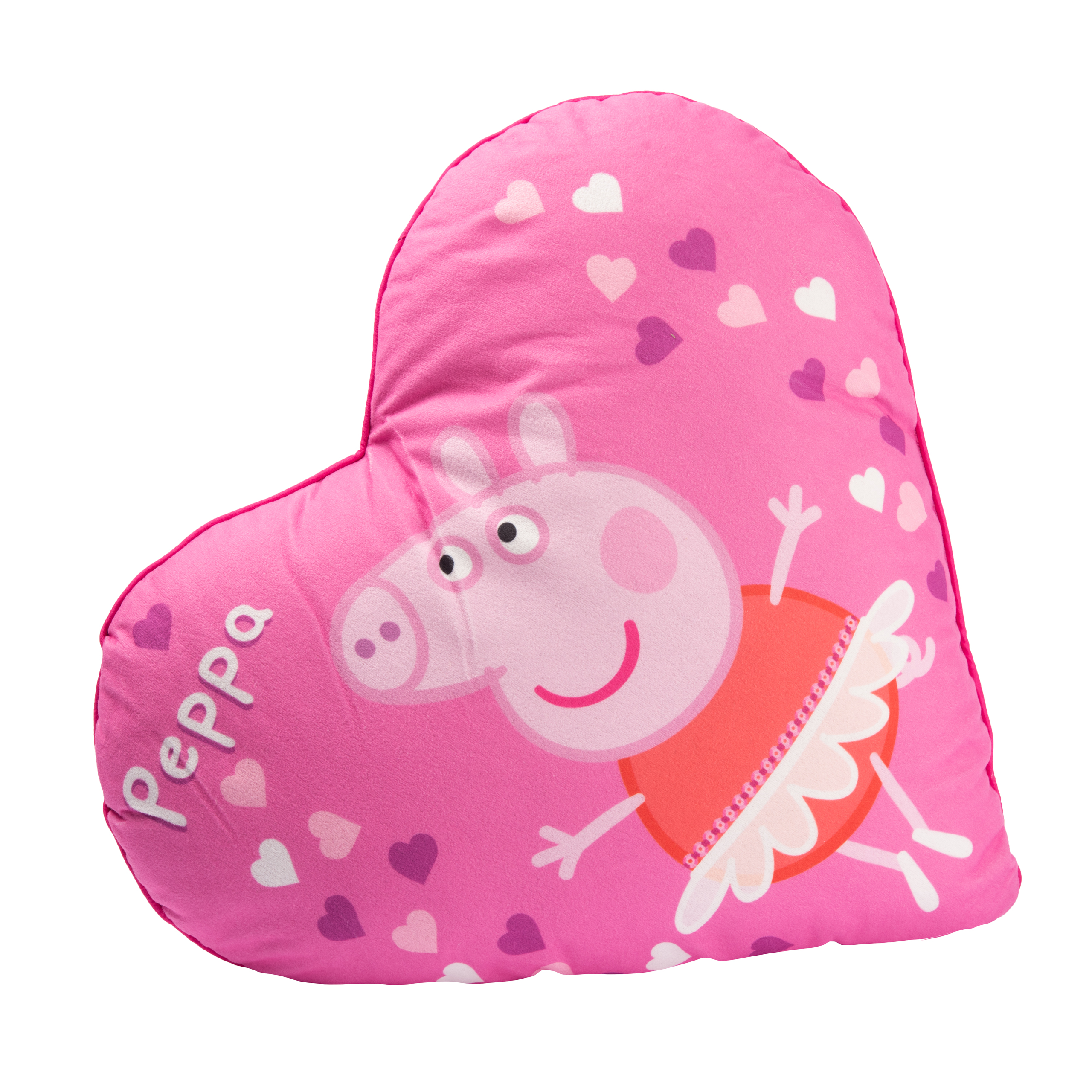 Ein pinkfarbenes, herzförmiges Kissen mit Peppa Pig, verziert mit Herzen. Der Hintergrund ist weiß.
