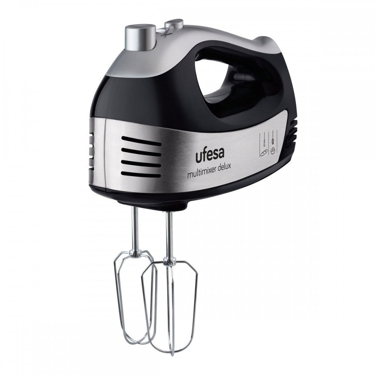 Frullatore a mano nero e argento. Il marchio è Ufesa, il modello è multimixer delux. Due fruste attaccate.