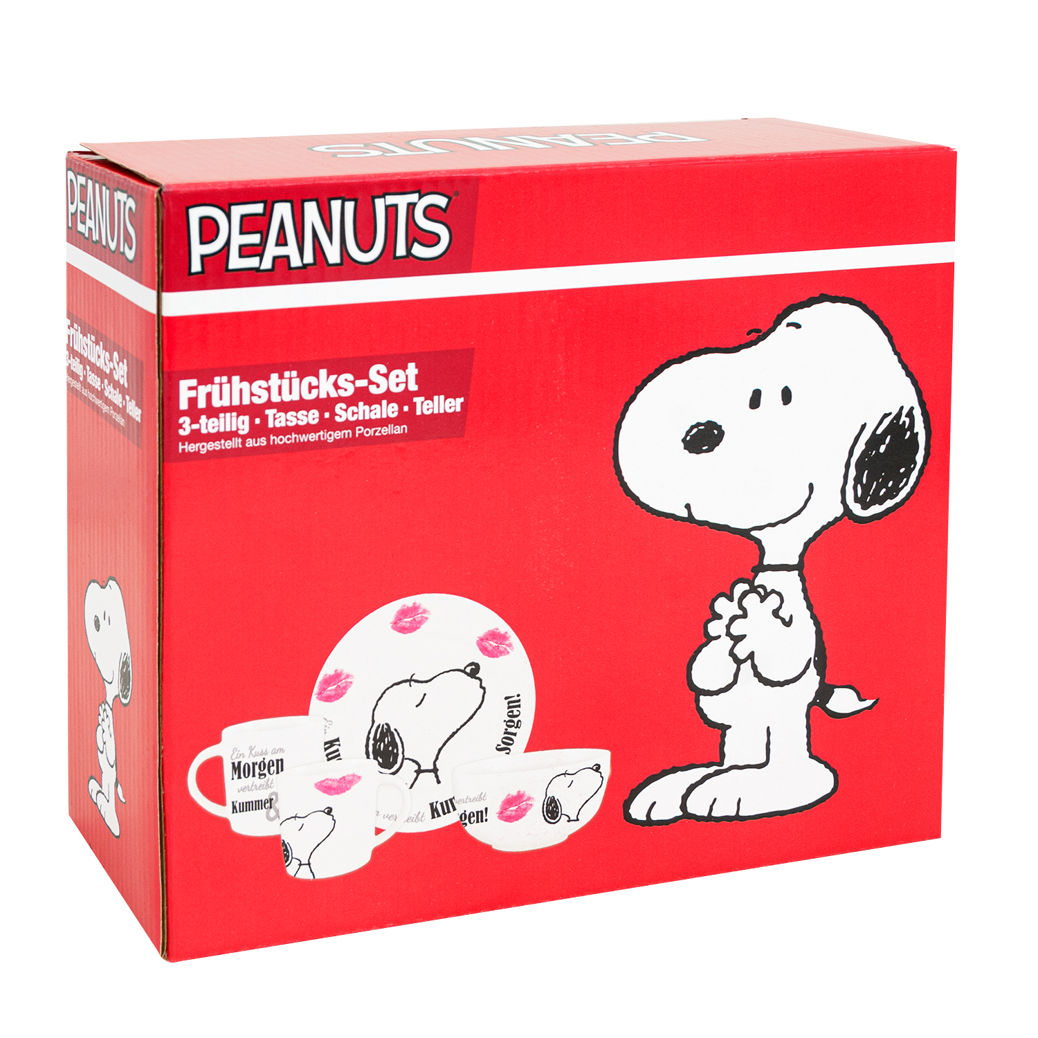 Eine rote Peanuts Frühstücks-Set-Box mit Snoopy auf der Vorderseite und Bildern von Frühstücksartikeln.