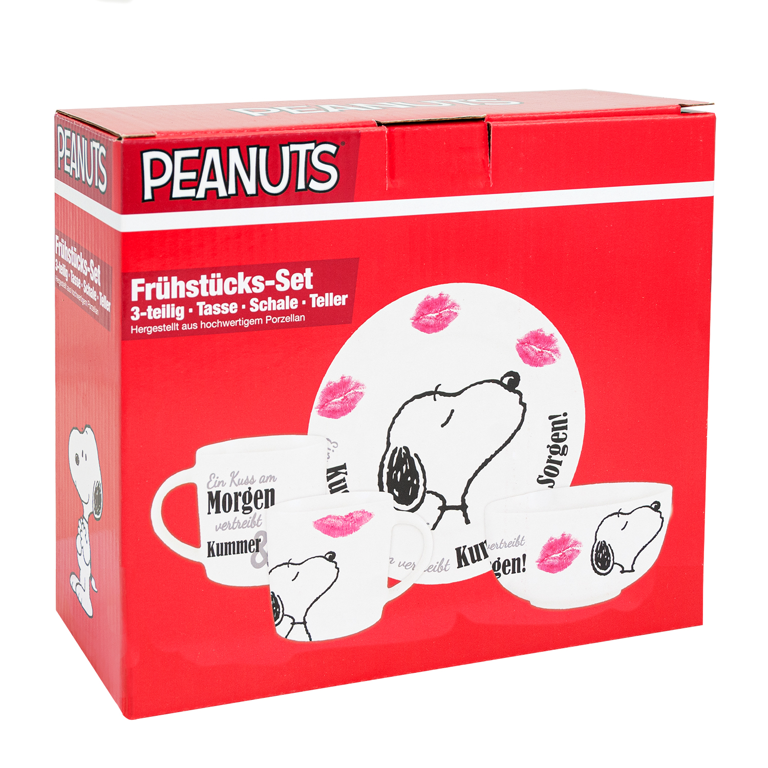Rote Box mit Snoopy-Frühstücks-Set. Snoopy und Kussspuren sind drauf.