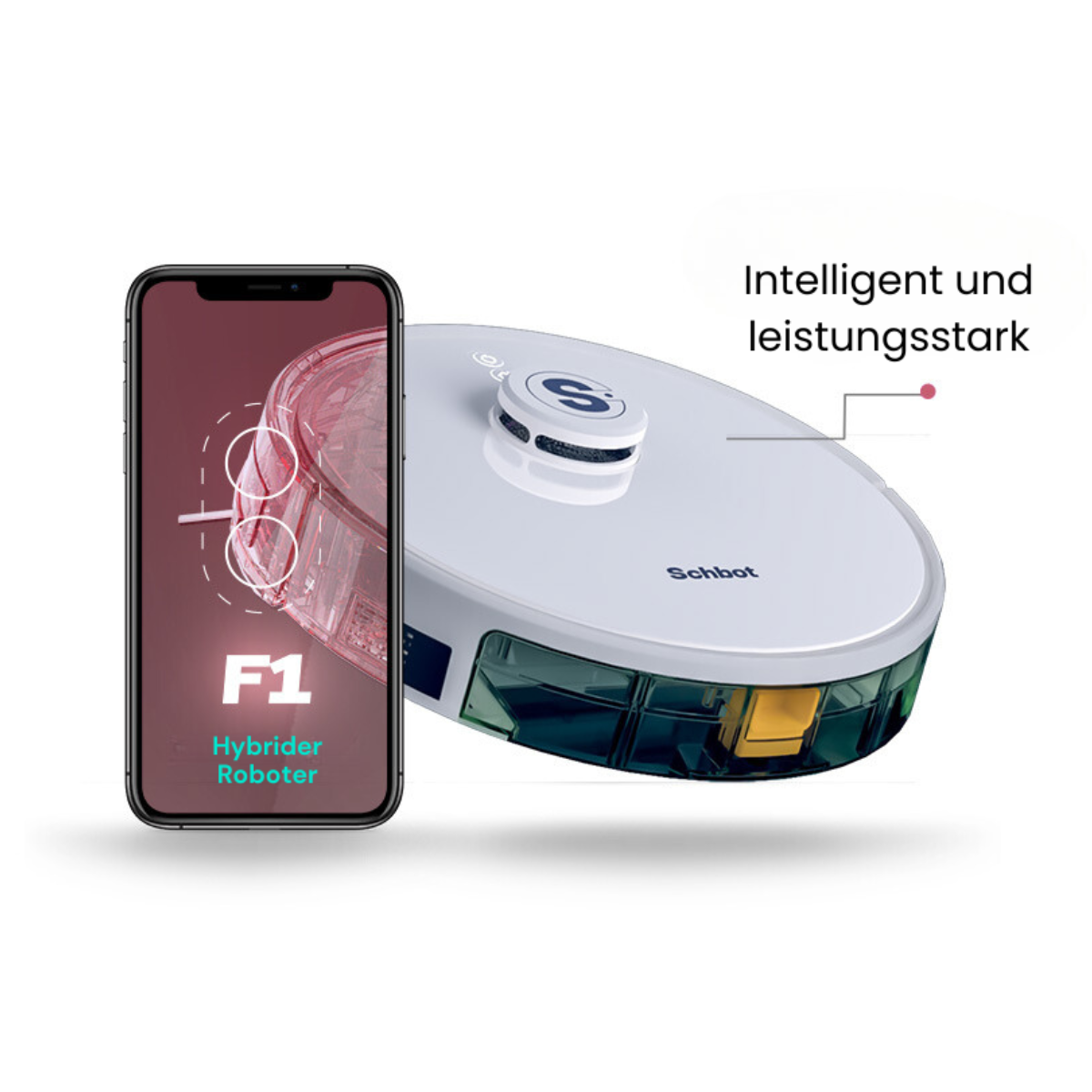 Ein Roboter-Staubsauger mit Smartphone, das seine Funktionen zeigt, weißer Hintergrund.