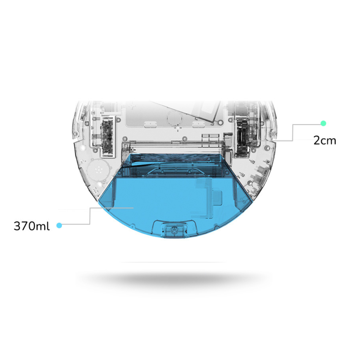 Roboter-Staubsauger mit blauem Wassertank und beschrifteten Messungen.