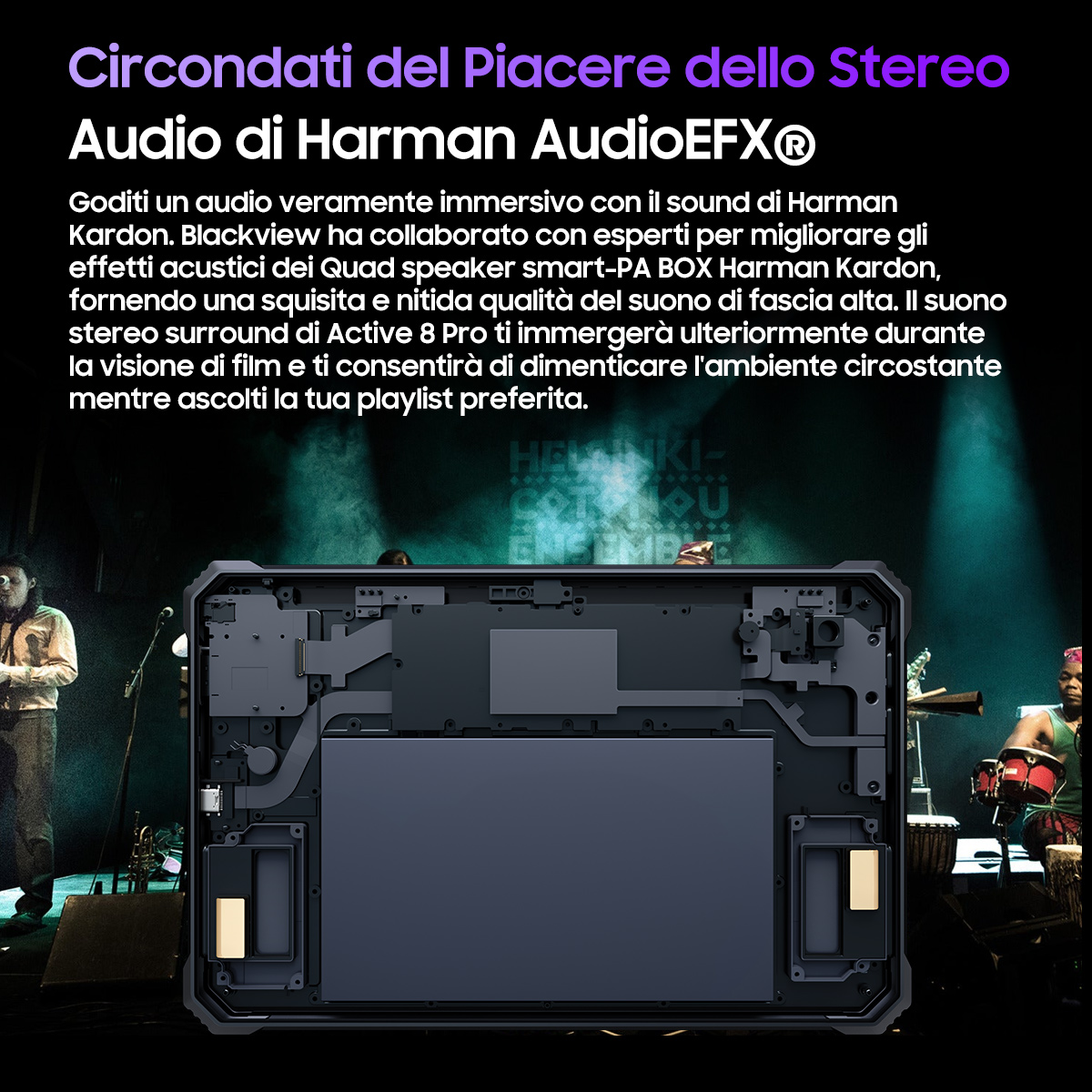 Vista tagliata di un dispositivo che mostra altoparlanti interni, con una band sullo sfondo.