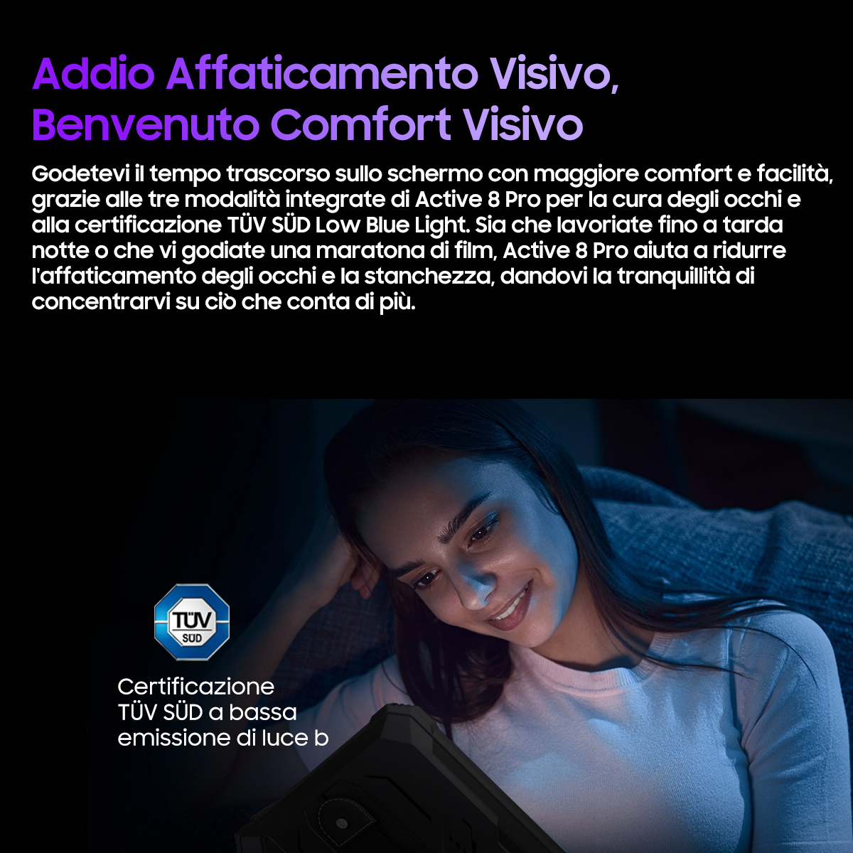 Donna che usa un tablet di notte. Lo schermo emette luce blu, con un logo di certificazione.