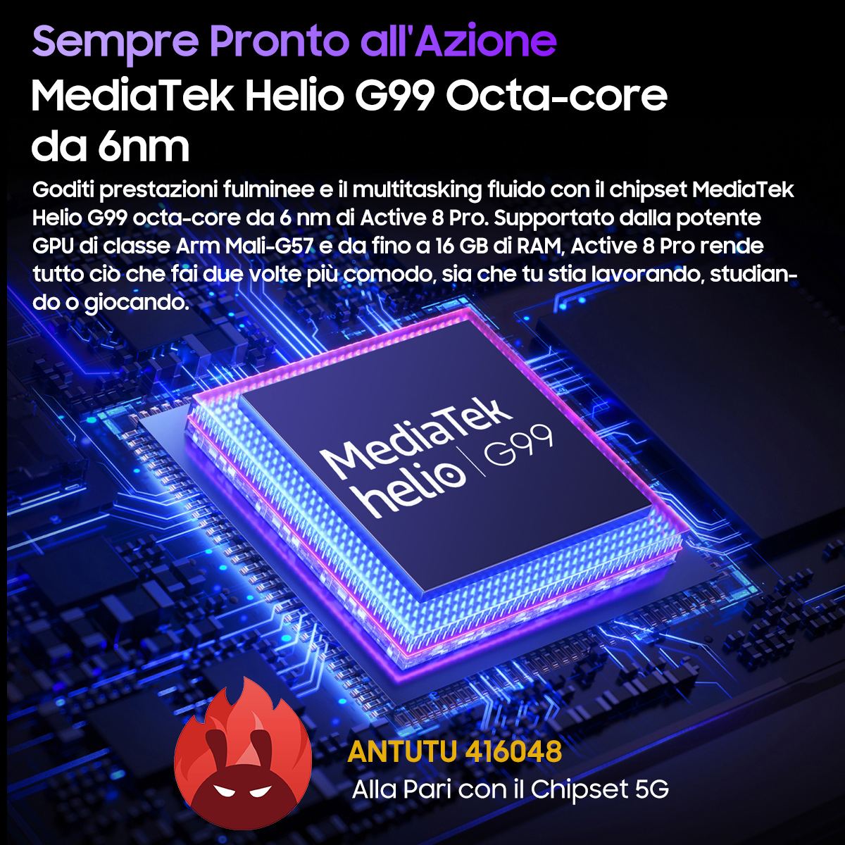L'immagine mostra un processore MediaTek Helio G99. L'immagine include testo sulle sue caratteristiche.