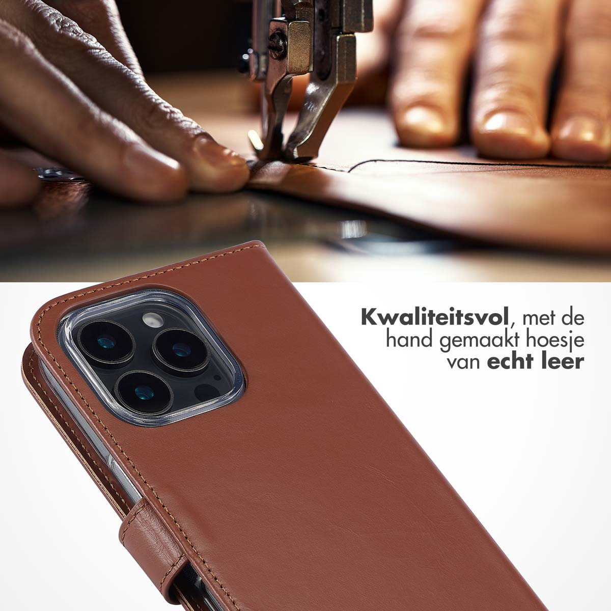 SELENCIA Echt Lederen Bookcase - Geschikt voor Apple iPhone 16 Pro - Telefoonhoesje voor Apple iPhone 16 Pro Lichtbruin