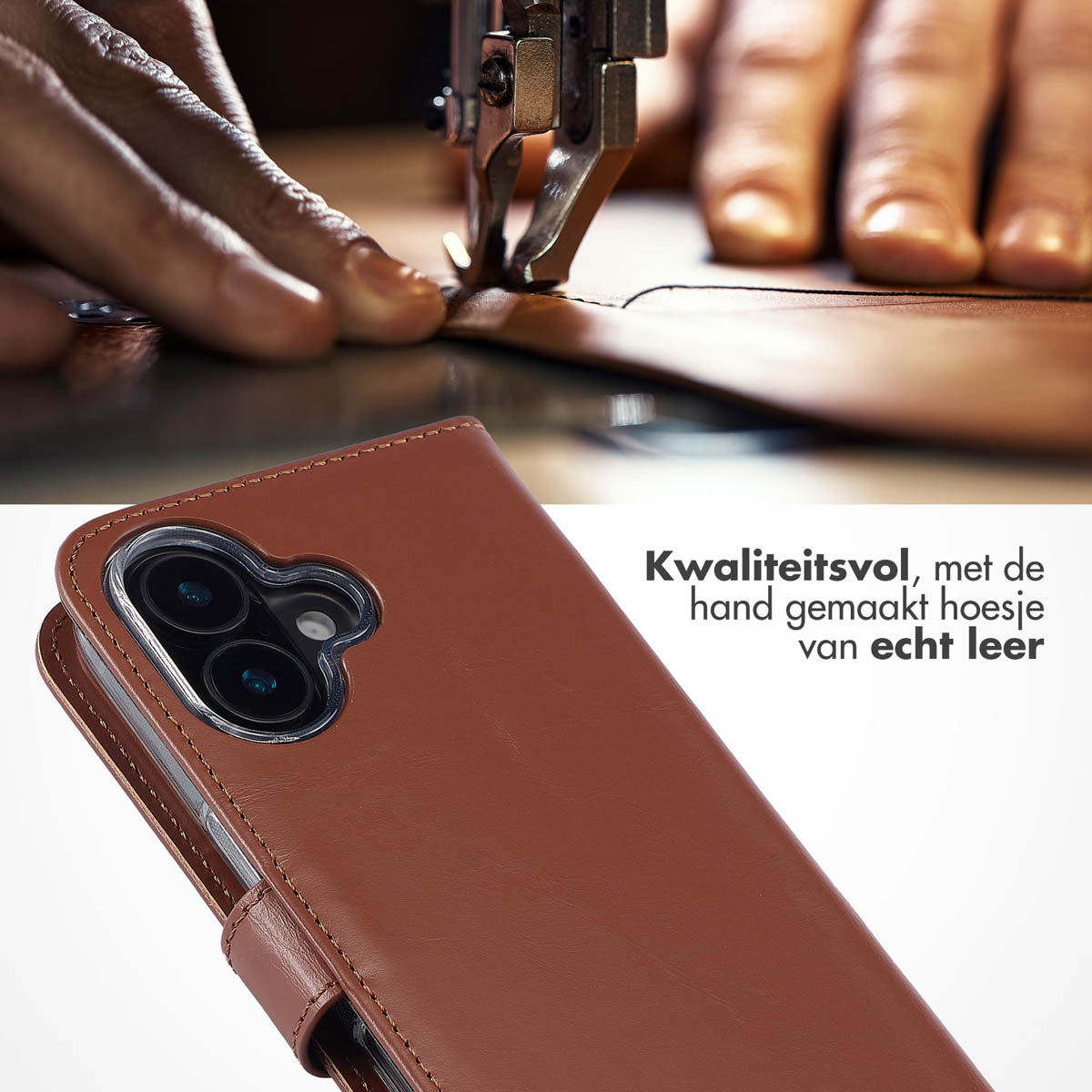 SELENCIA Echt Lederen Bookcase - Geschikt voor Apple iPhone 16 - Telefoonhoesje voor Apple iPhone 16 Lichtbruin