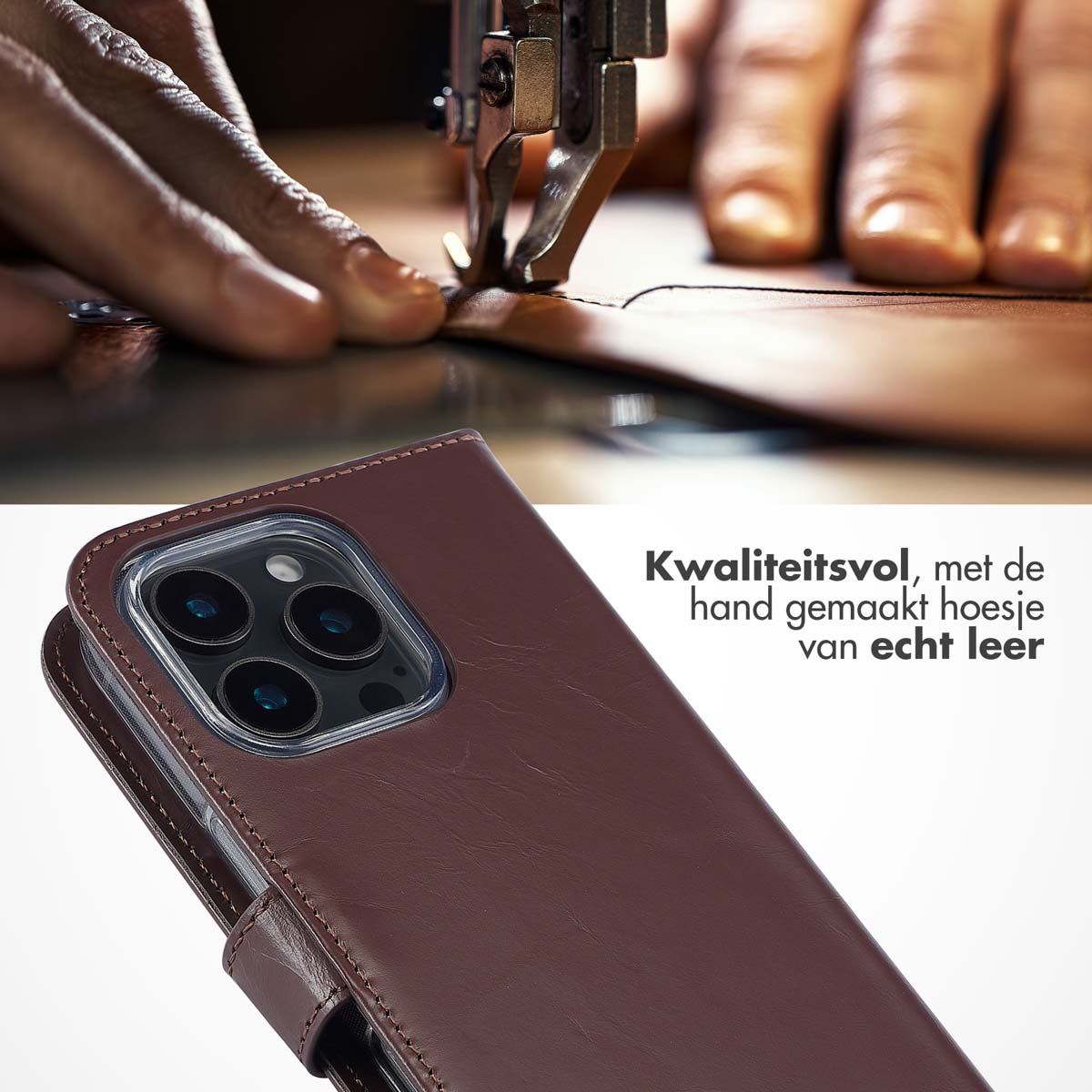 SELENCIA Echt Lederen Bookcase - Geschikt voor Apple iPhone 16 Pro - Telefoonhoesje voor Apple iPhone 16 Pro Bruin