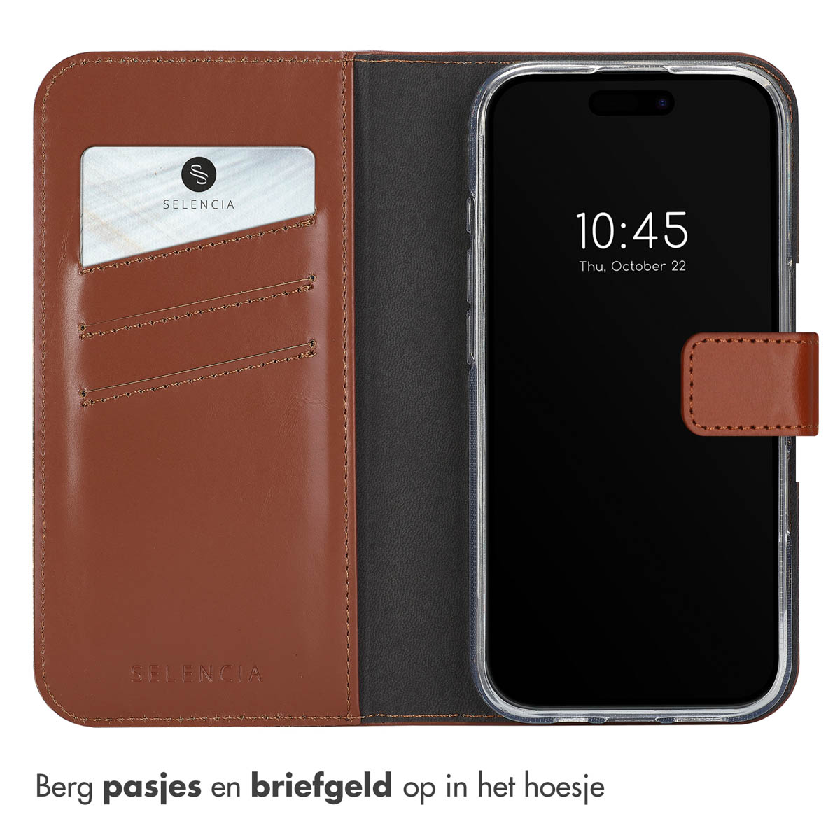 Bruine leren telefoonhoes met een kaartsleuf, met een telefoon.