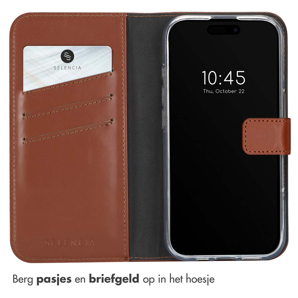 Bruine leren telefoonhoes met kaartsleuf en telefoon met tijd en datum.