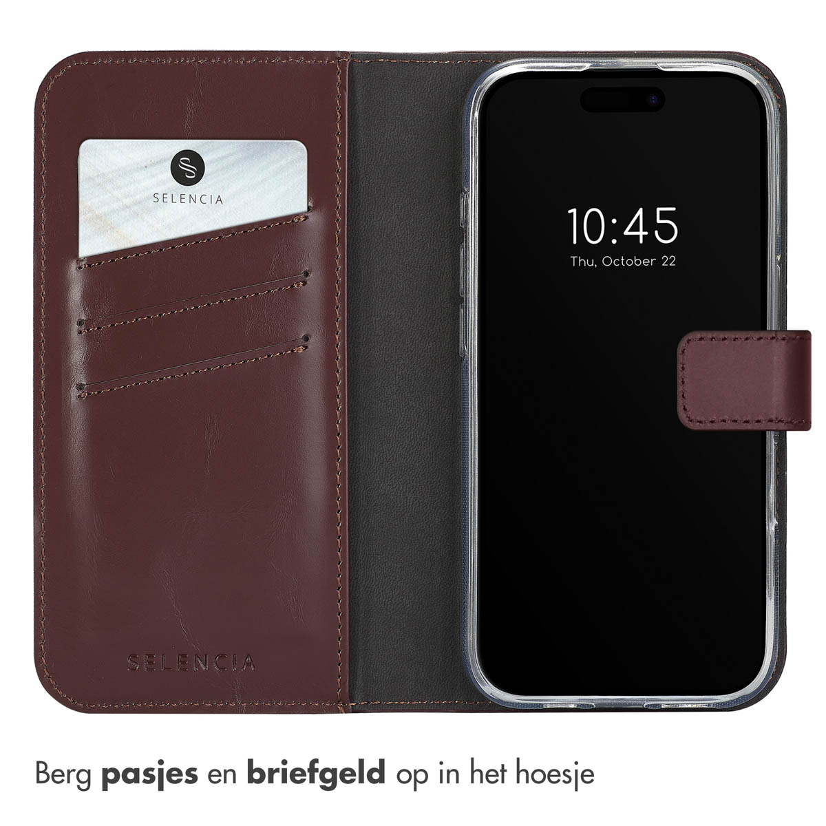 Bruine telefoonhoes met een portemonnee-functie. Een kaart en een telefoon zitten erin.