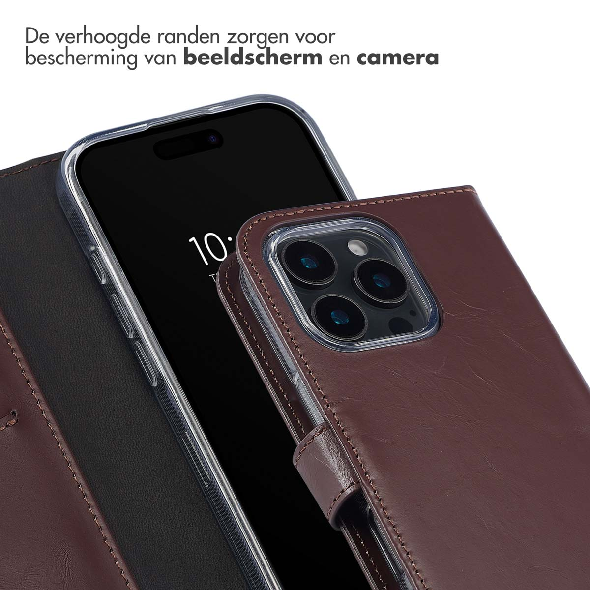 SELENCIA Echt Lederen Bookcase - Geschikt voor Apple iPhone 16 Pro - Telefoonhoesje voor Apple iPhone 16 Pro Bruin