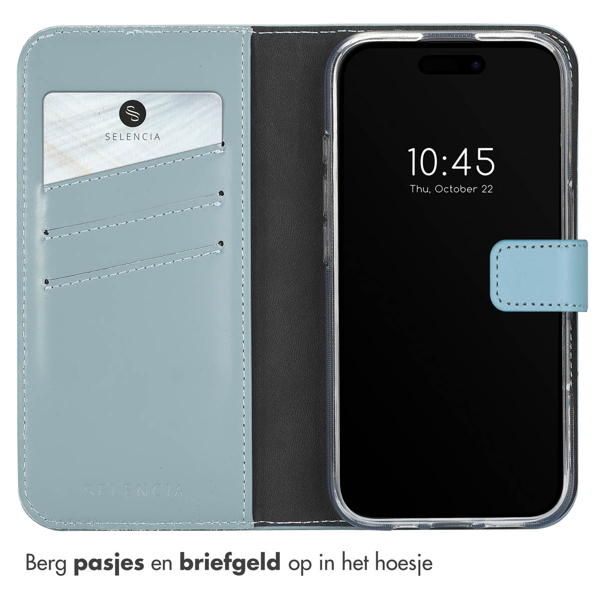 Blauwe telefoonhoes open, toont telefoon met klok en kaart.