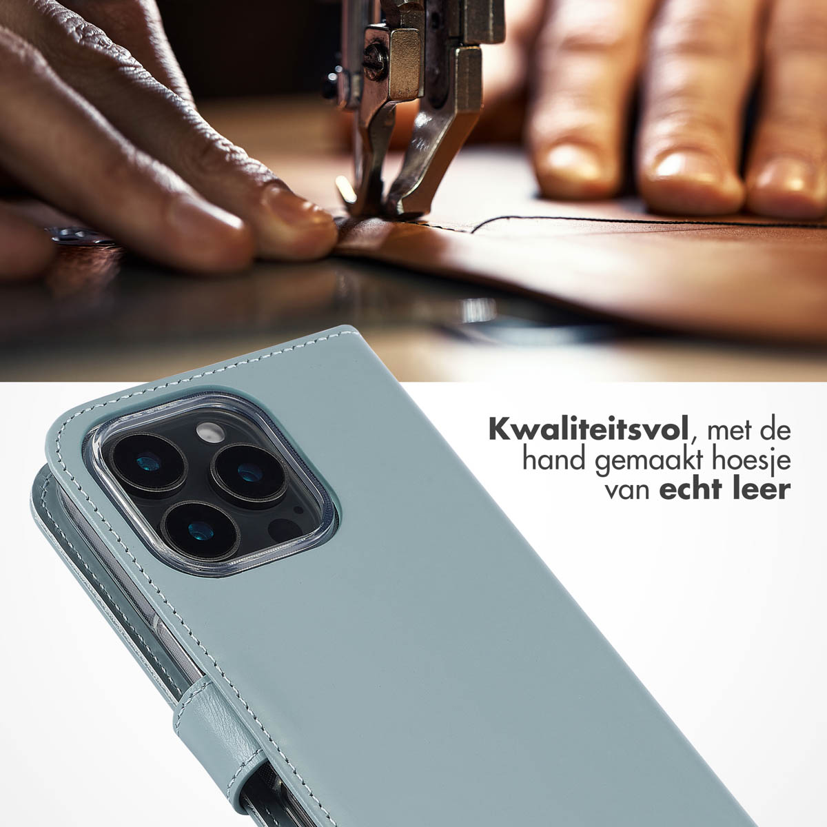 SELENCIA Echt Lederen Bookcase - Geschikt voor Apple iPhone 16 Pro - Telefoonhoesje voor Apple iPhone 16 Pro Lichtblauw