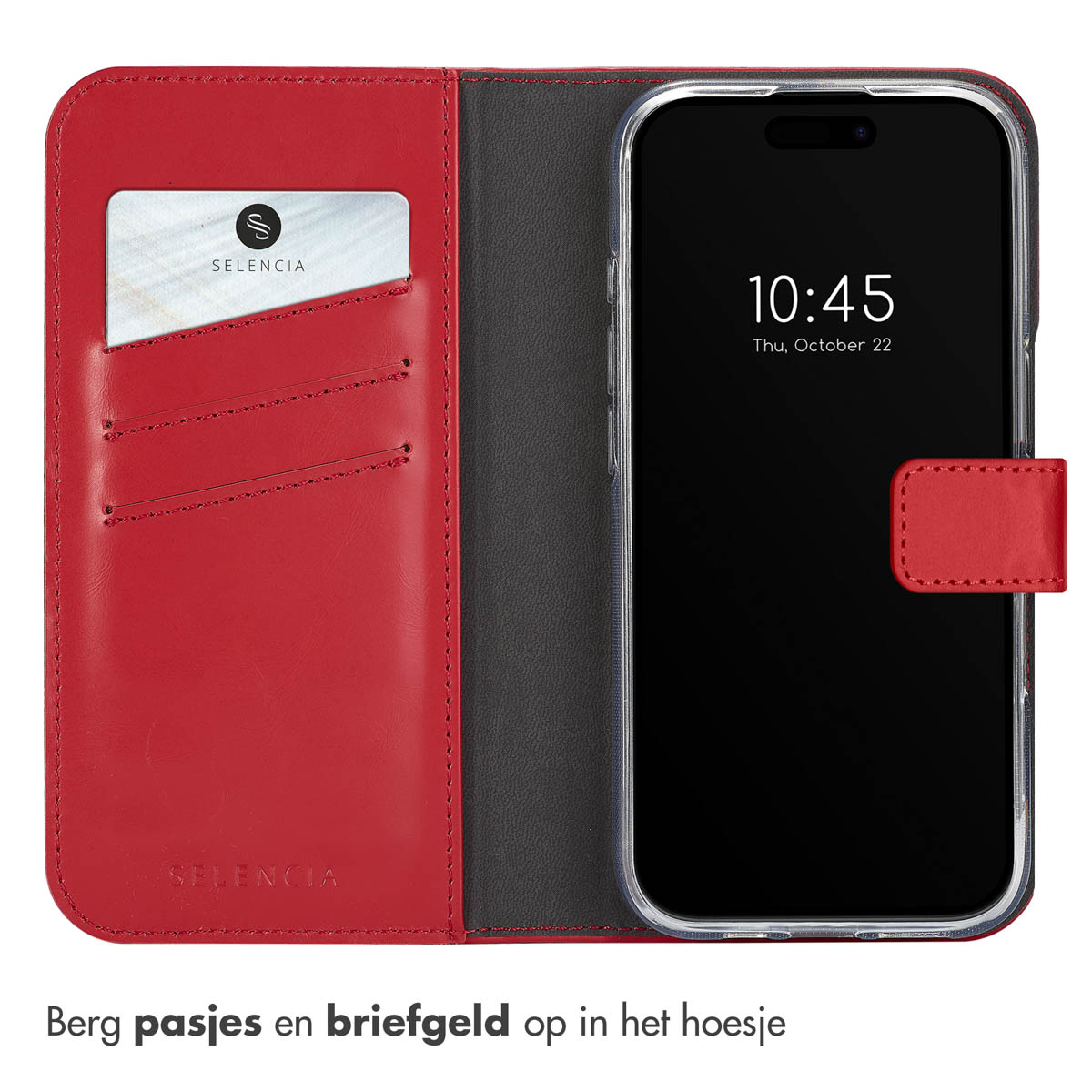 Rode leren telefoonhoes met kaartsleuf, met een telefoon die de tijd toont.