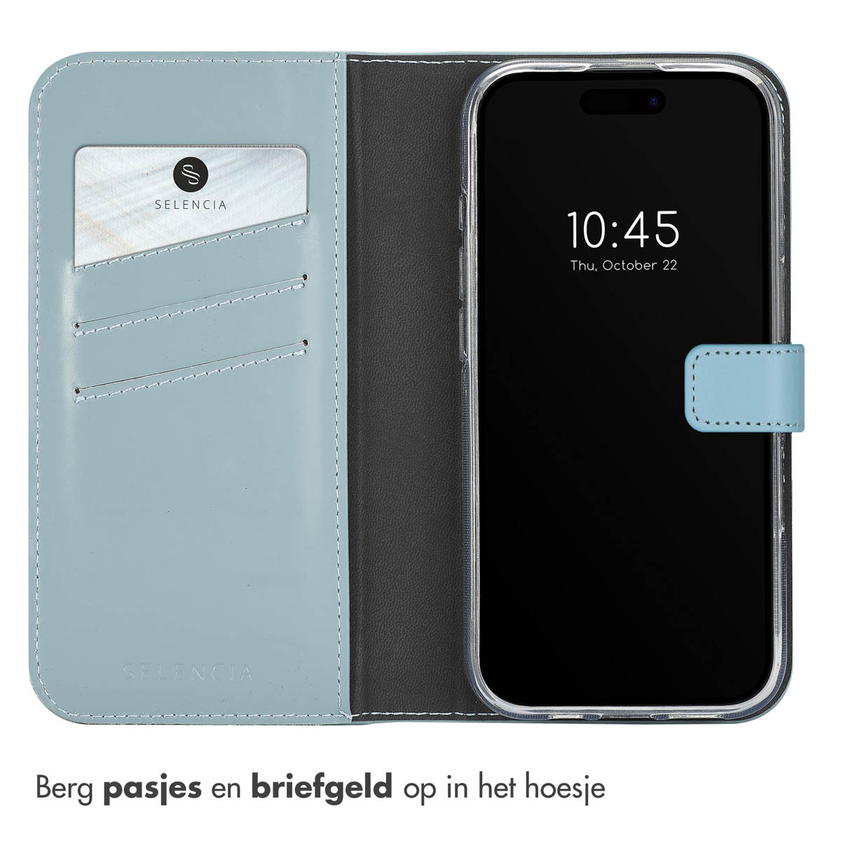 Open blauwe telefoonhoes met een telefoon erin. Toont kaartsleuven en een kaart.