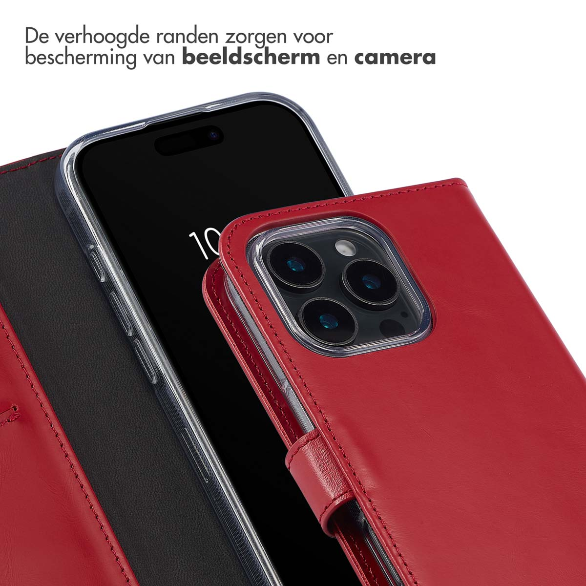 Custodia rossa per telefono con telefono nero all'interno e copertura trasparente della fotocamera.
