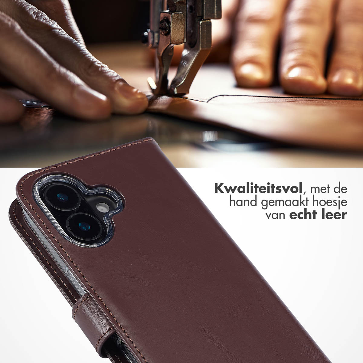 SELENCIA Echt Lederen Bookcase - Geschikt voor Apple iPhone 16 - Telefoonhoesje voor Apple iPhone 16 Bruin