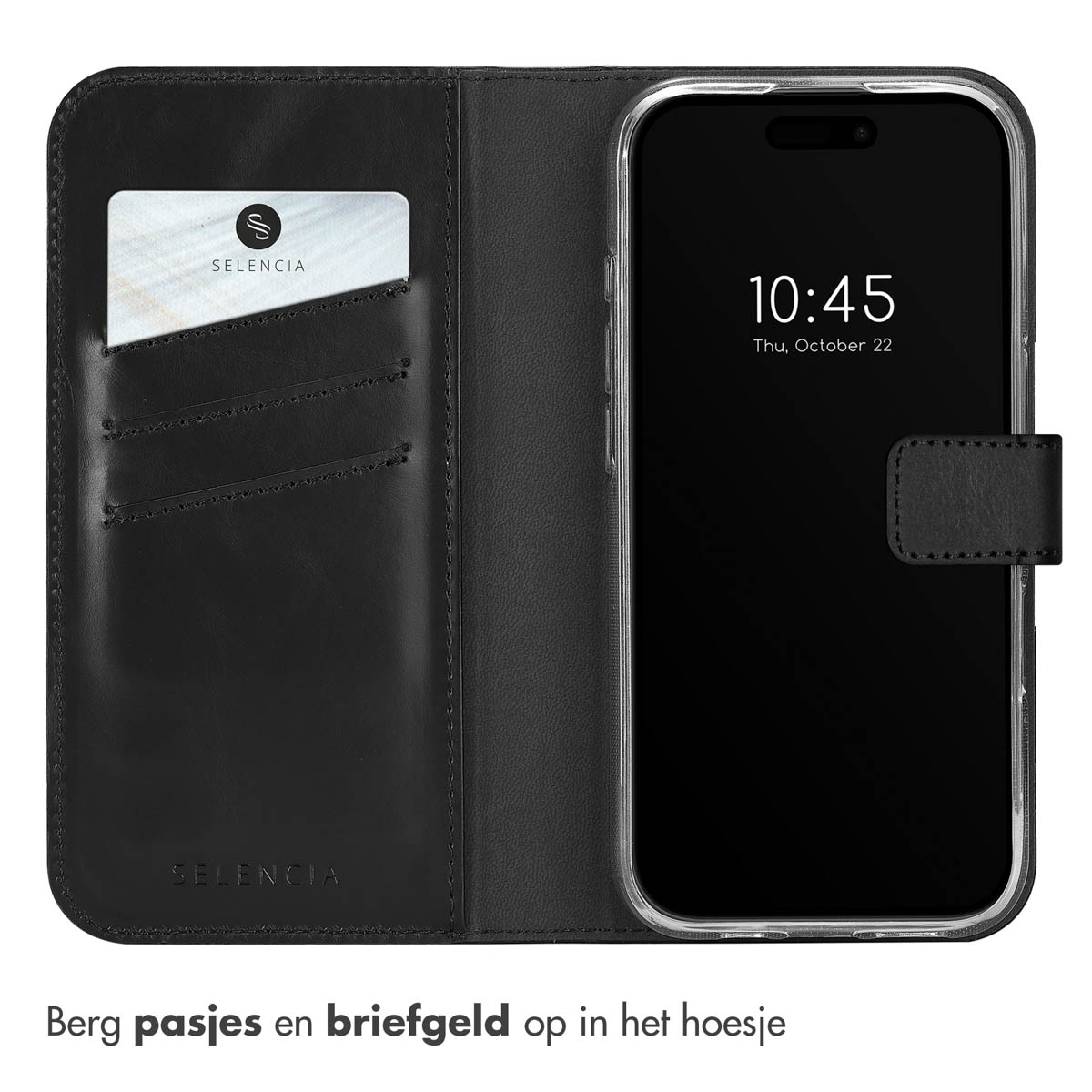 Zwarte telefoonhoes met telefoon, kaartsleuven en tekst in het Nederlands.