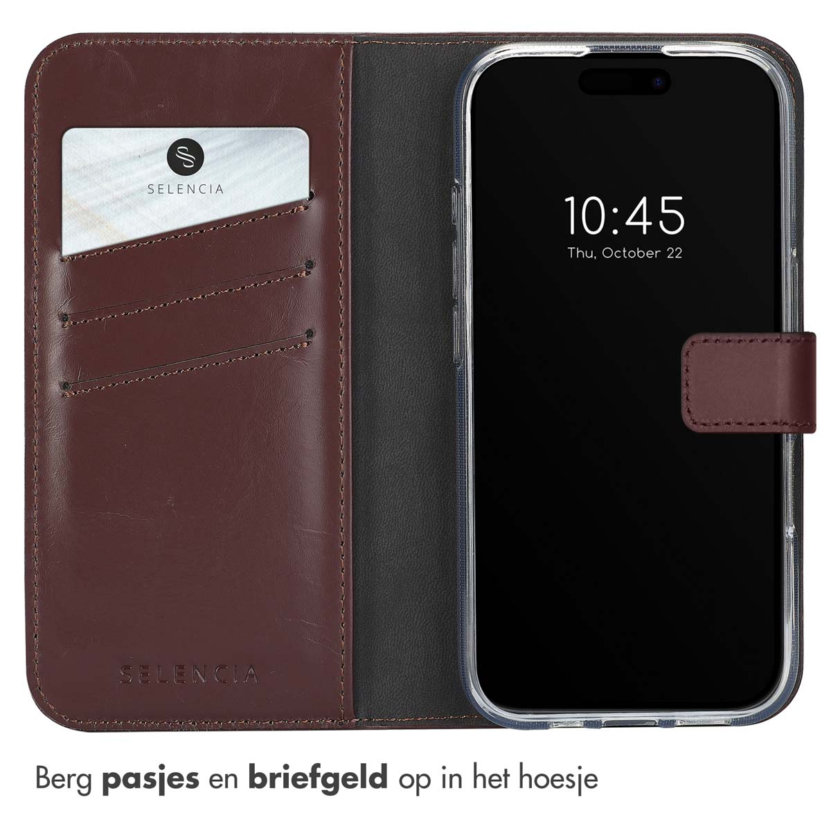 Donkerbruine telefoonhoes met telefoon en kaart. Tekst: 'Berg pasjes en briefgeld op het hoesje'.