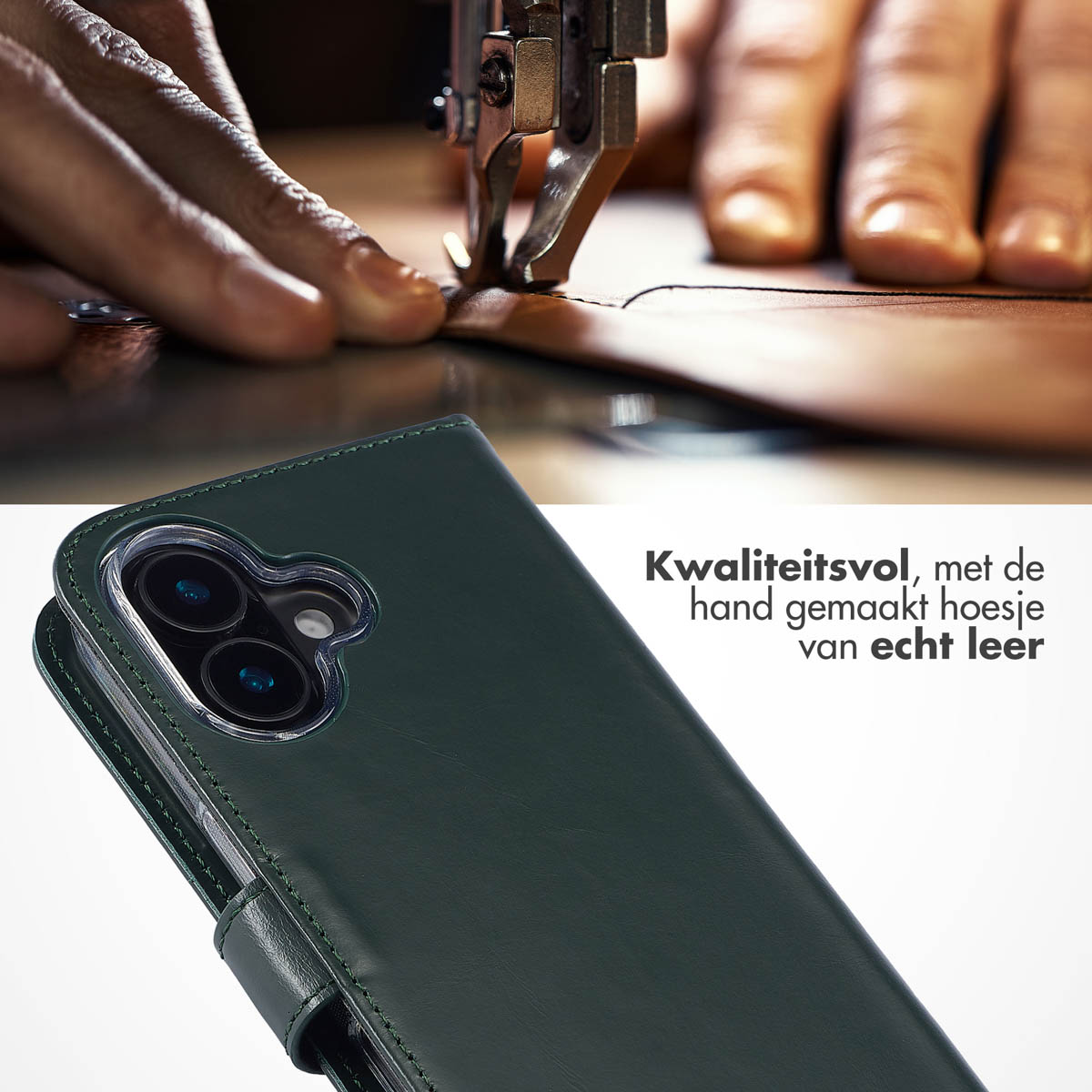 Étui de téléphone en cuir vert. Une machine à coudre en arrière-plan.
