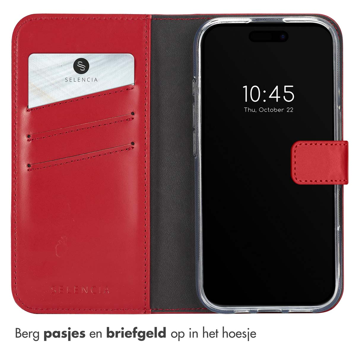 Rode leren telefoonhoes open, met tijd en datum. Inclusief kaartsleuven.