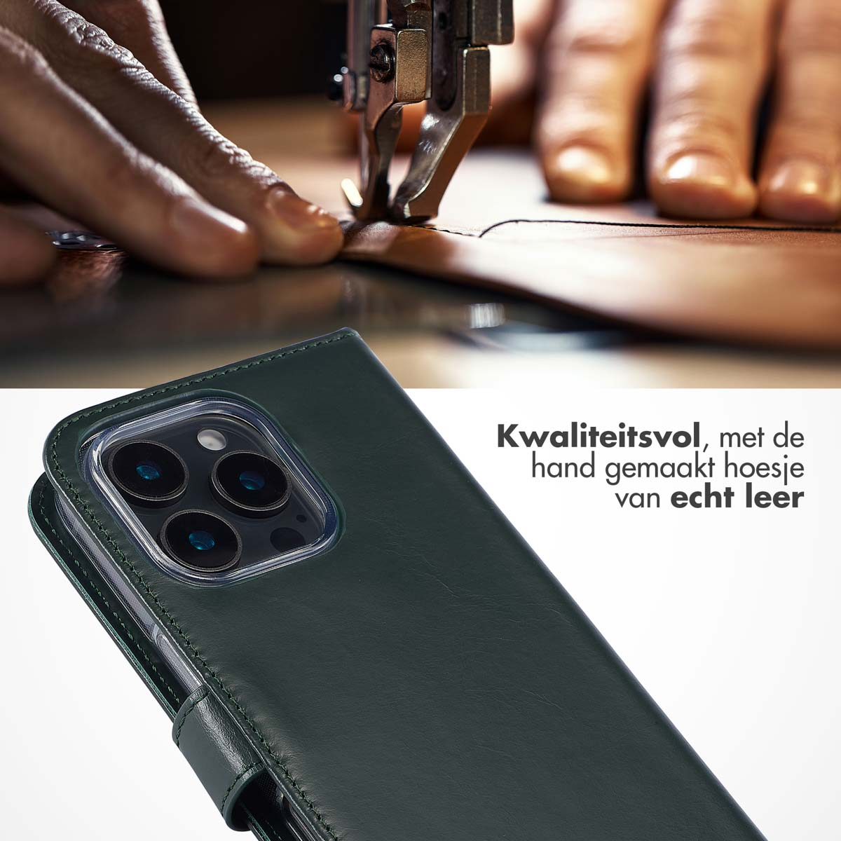 SELENCIA Echt Lederen Bookcase - Geschikt voor Apple iPhone 16 Pro - Telefoonhoesje voor Apple iPhone 16 Pro Groen