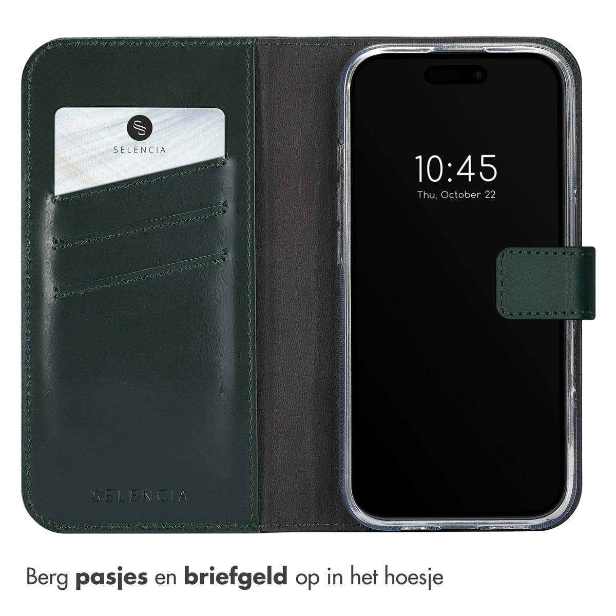 Donkergroene telefoonhoes met telefoon en kaart. Tekst: 'Berg pasjes en briefgeld op het hoesje'.