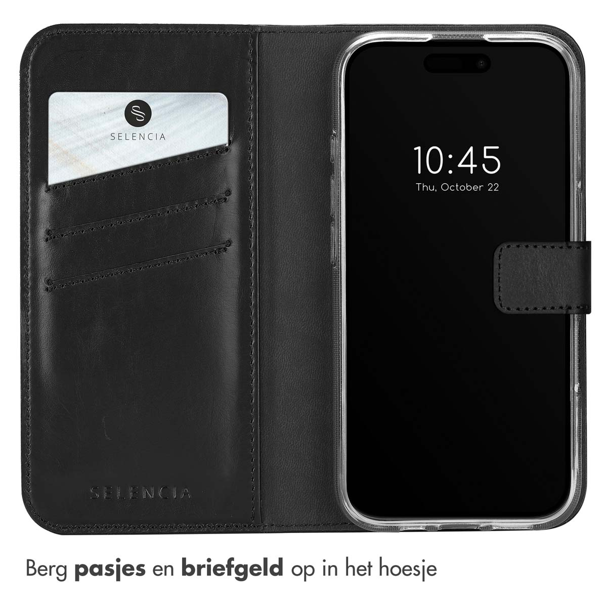 Zwarte leren telefoonhoes met kaartsleuf, met telefoon die de tijd toont.