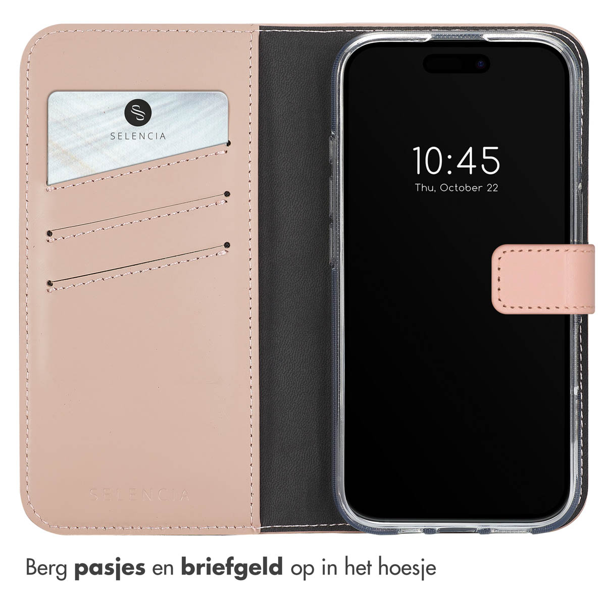 Open roze telefoonhoes met een telefoon erin. Toont kaartsleuven en een kaart.