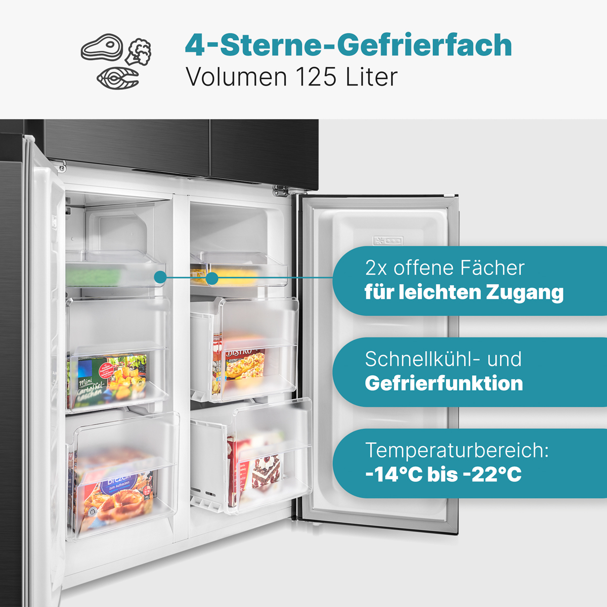 Kühlschrank mit geöffneten Türen, Innenraum zeigt Schubladen, Lebensmittelpakete und Etiketten.