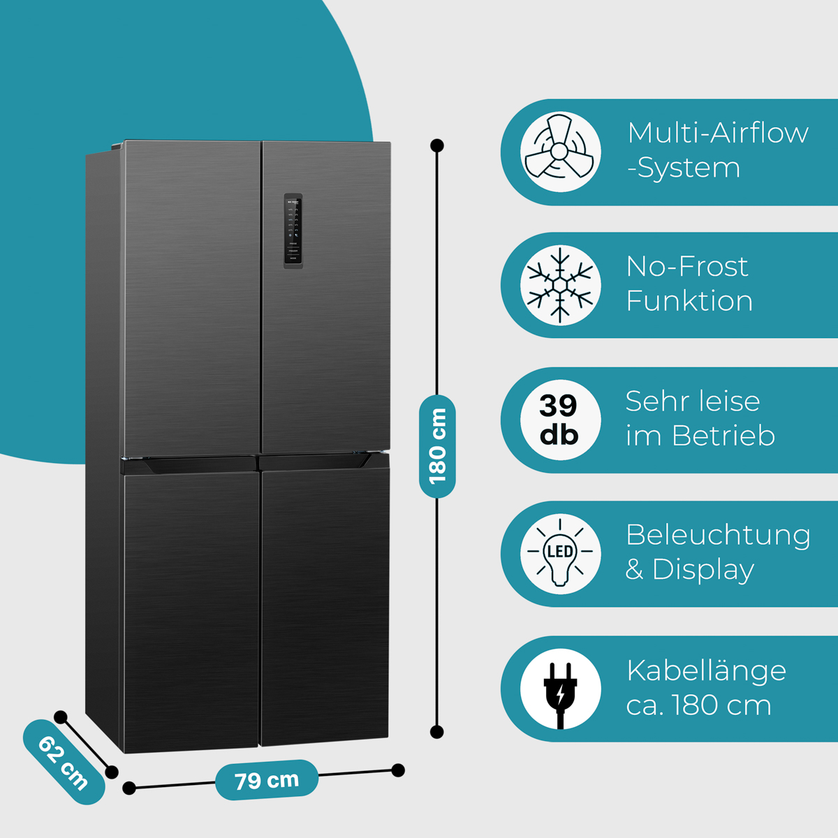 Ein schwarzer Kühlschrank mit vier Türen. Er hat Abmessungen und Funktionen, die auf der Seite gekennzeichnet sind.