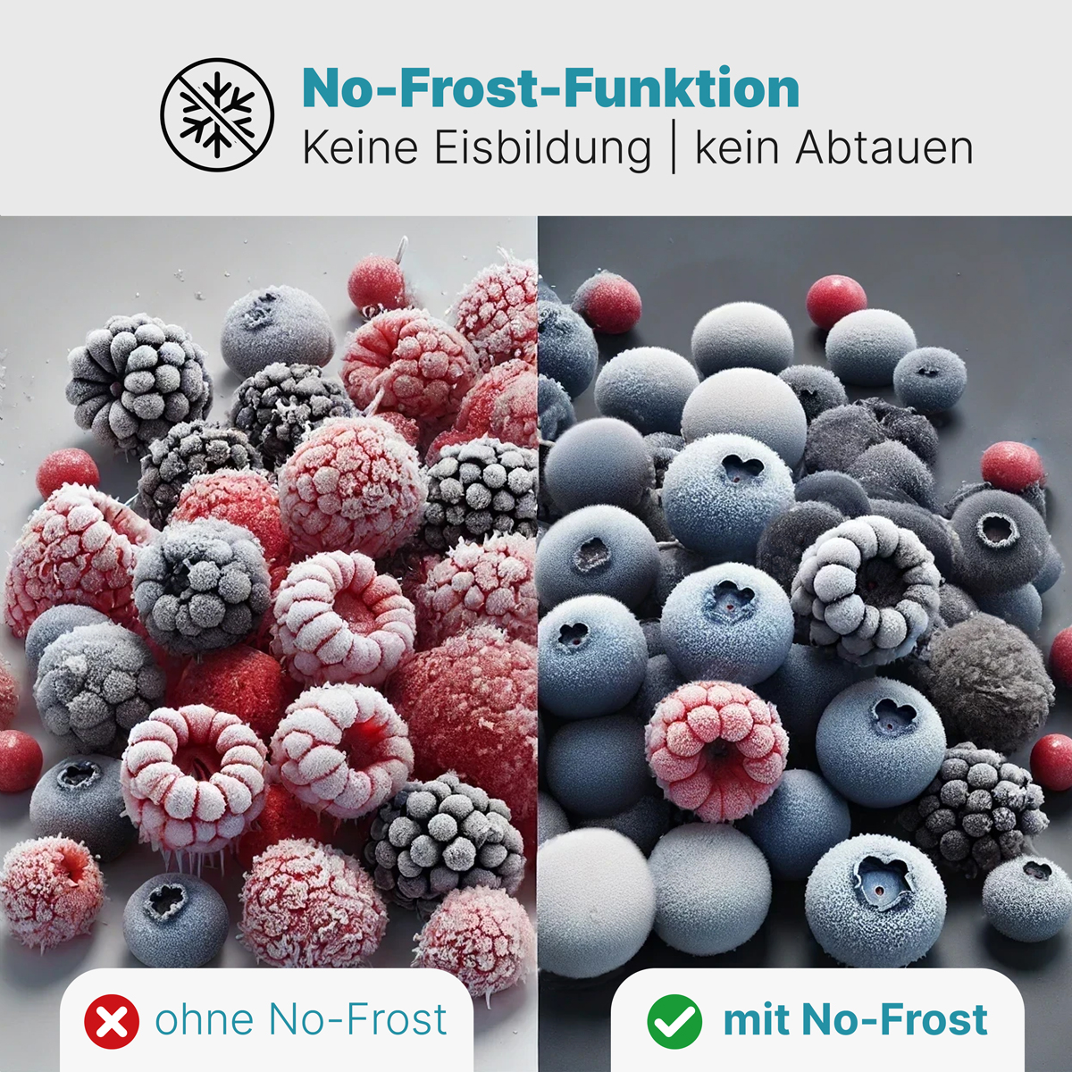 Vergleich von gefrorenen Beeren. Linke Seite: Beeren ohne No-Frost. Rechte Seite: Beeren mit No-Frost.