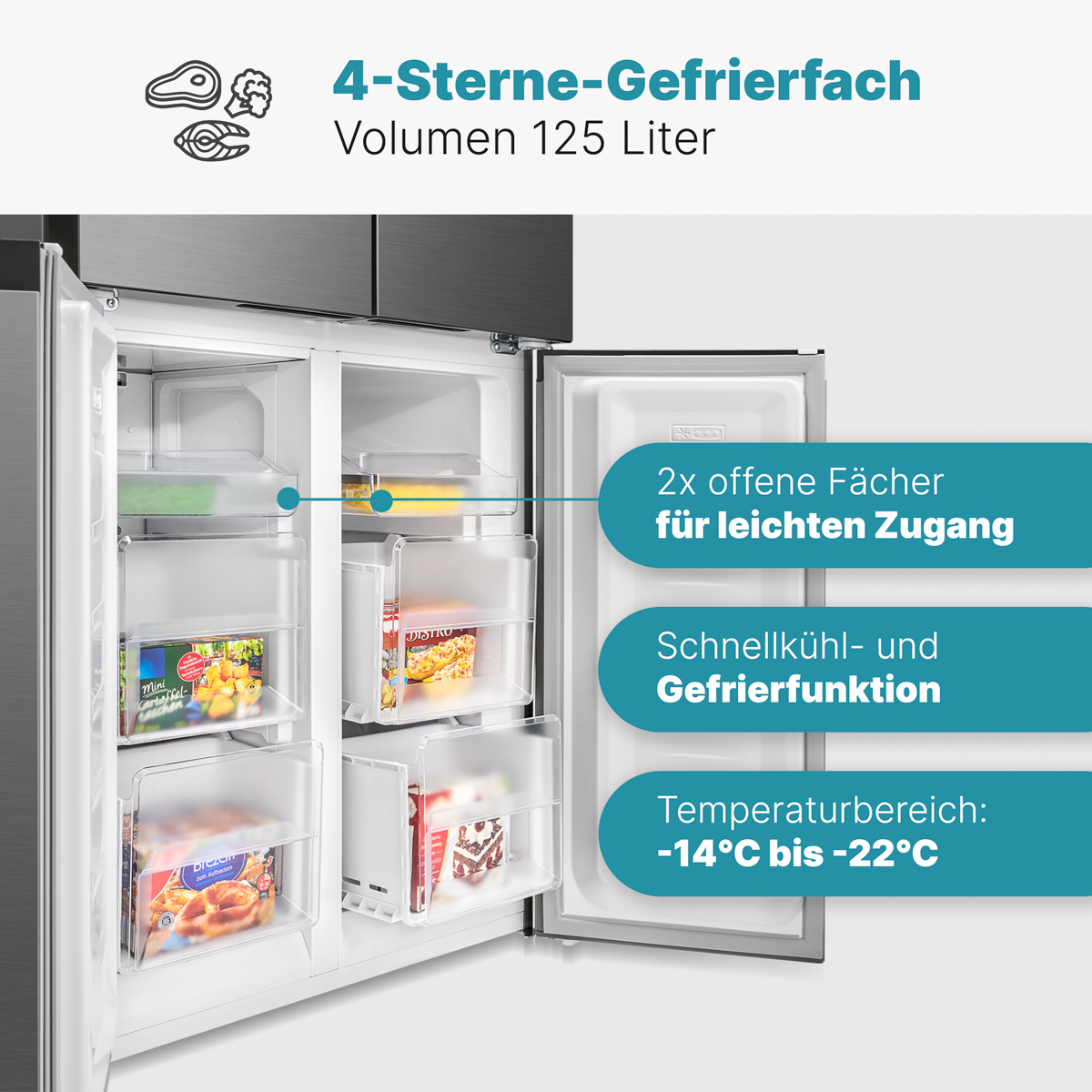 Kühlschrank mit offenen Türen. Im Inneren befinden sich Schubladen und Regale mit Lebensmitteln. Textkennzeichnungen weisen auf Merkmale des Kühlschranks hin.