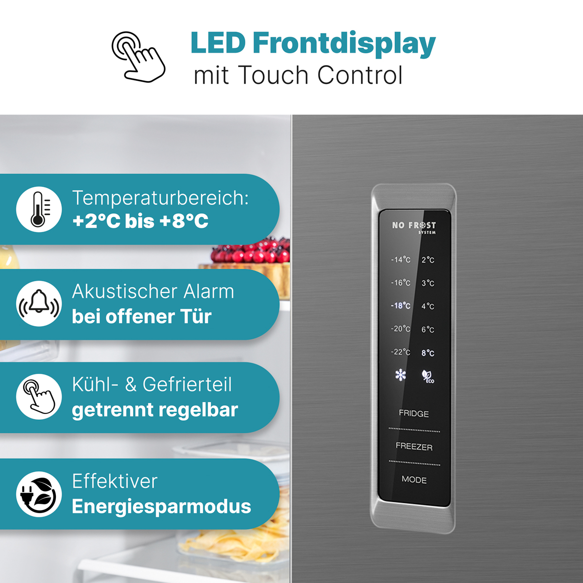 Nahaufnahme des Kühlschrankdisplays mit Text über Temperaturbereich und Energiesparmodi.