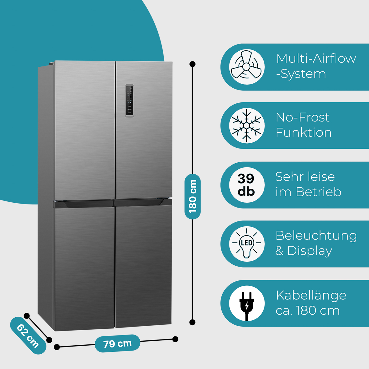Silberner Kühlschrank mit Maßen und Funktionen: Multi-Airflow, No-Frost, LED-Anzeige.