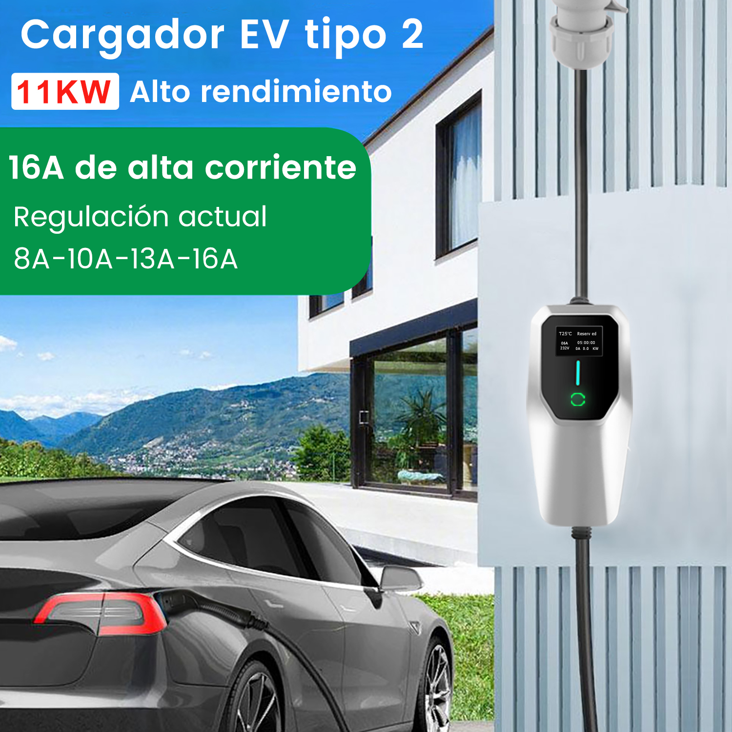 Una estación de carga para un vehículo eléctrico, con un coche en el fondo, conectado al puerto de carga.