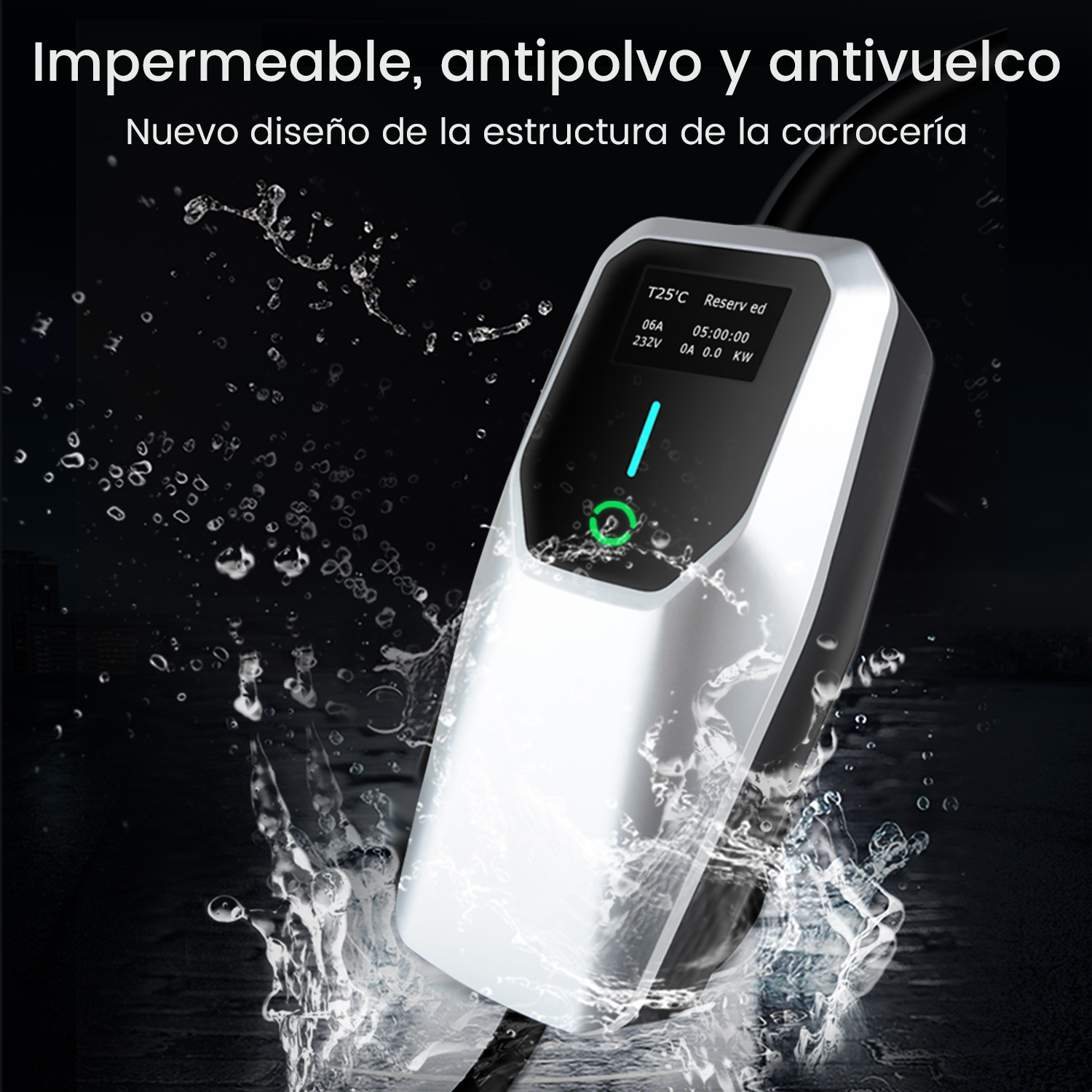 Cargador blanco con pantalla, efecto de salpicaduras de agua detrás.