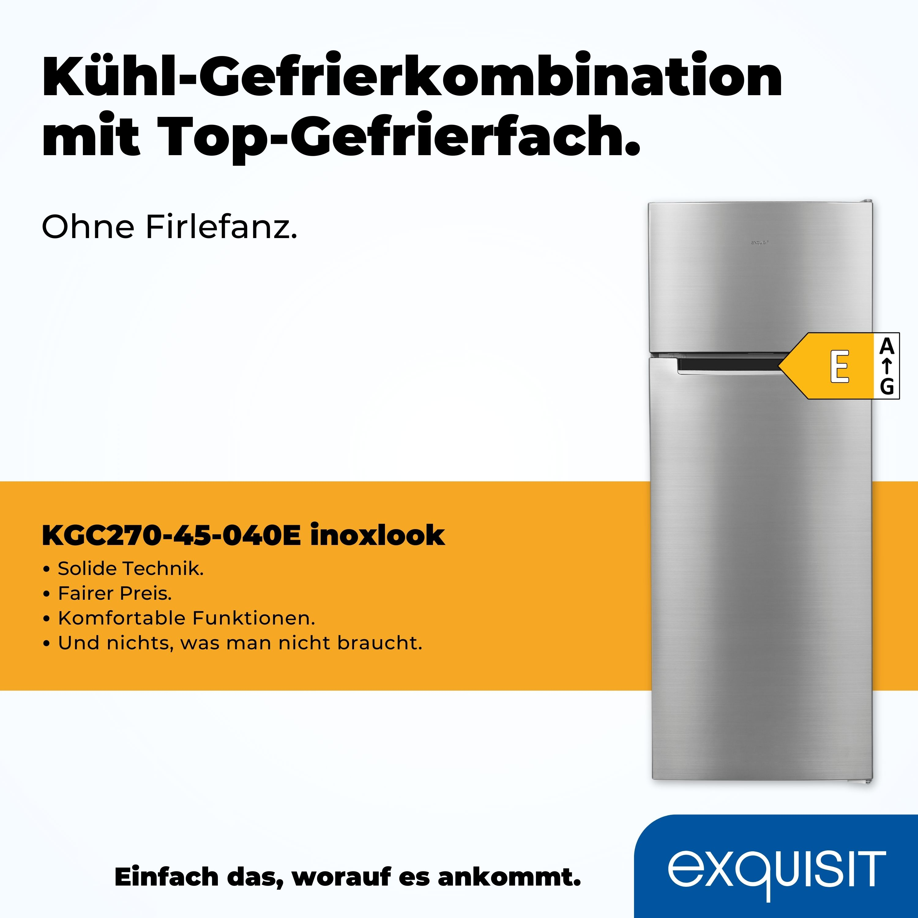 Silberner Kühlschrank mit oberem Gefrierfach und Energieeffizienzlabel. Text auf Deutsch, mit blauem Hintergrund.