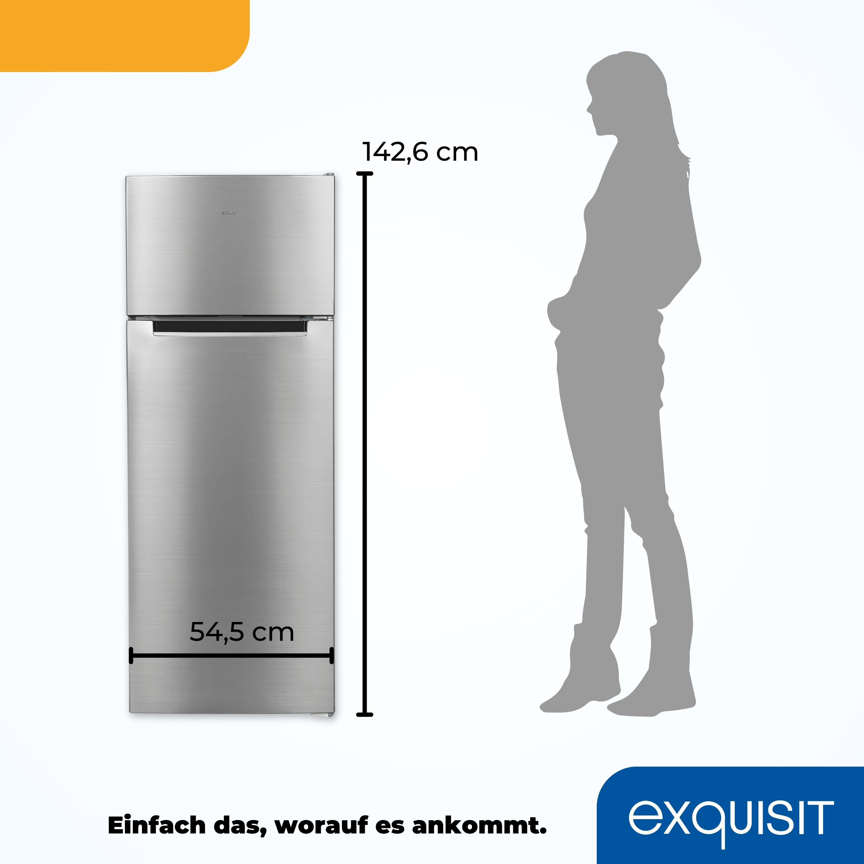 Silberner Kühlschrank mit Personensilhouette. Abmessungen: 142,6 cm hoch, 54,5 cm breit.