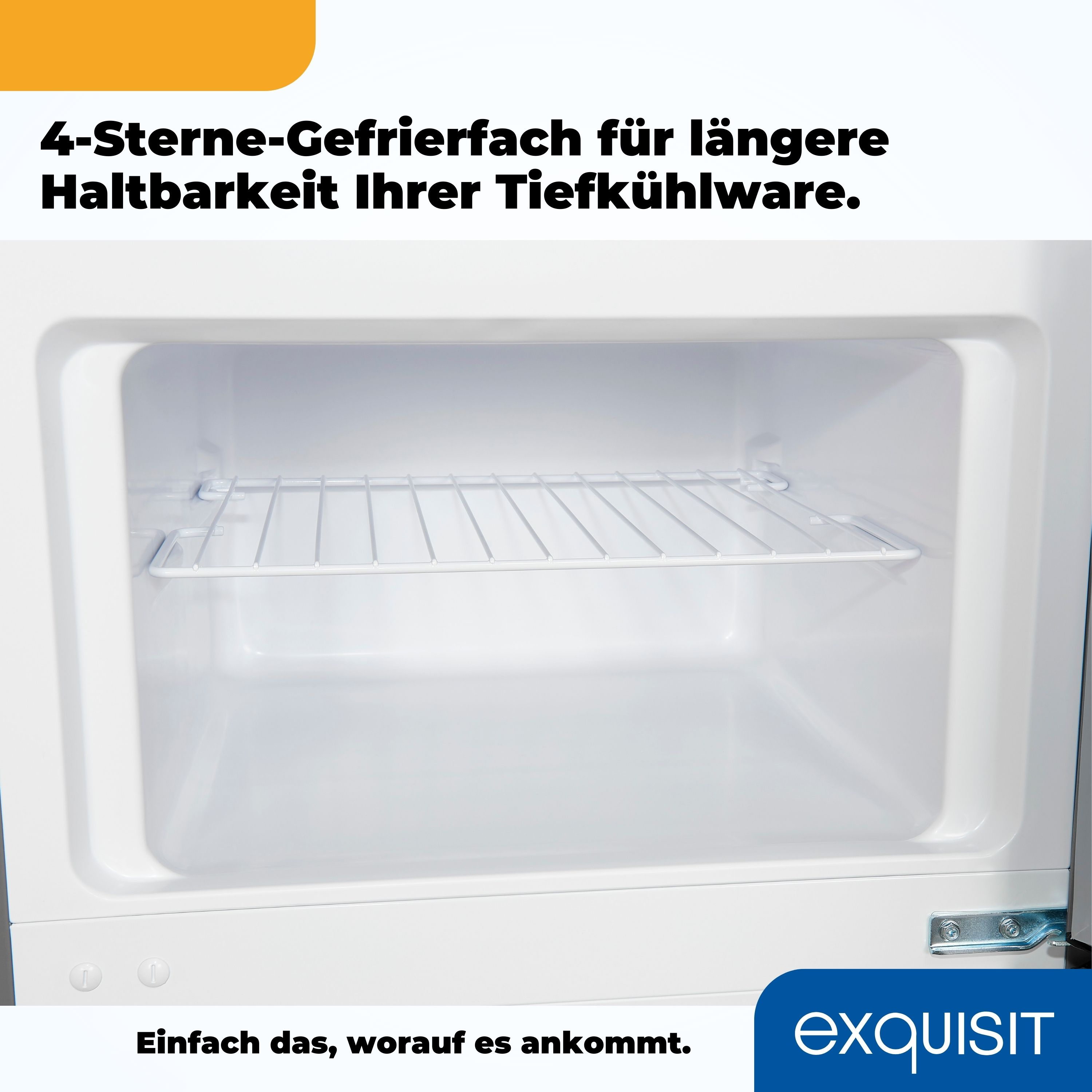 Ein offener, leerer weißer Gefrierschrank mit einem Regal und Produktinformationen.