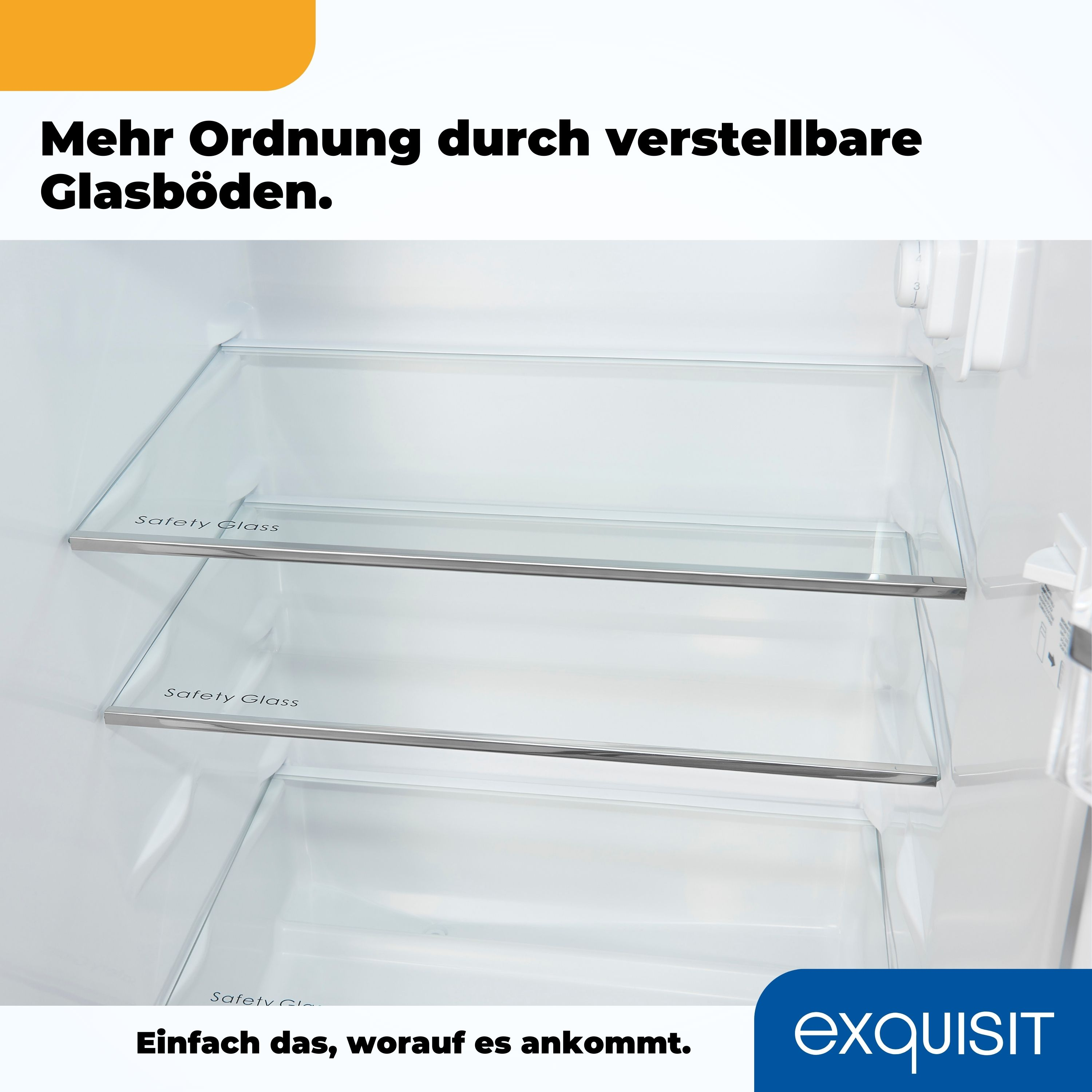 Innenansicht des Kühlschranks mit Glasböden.