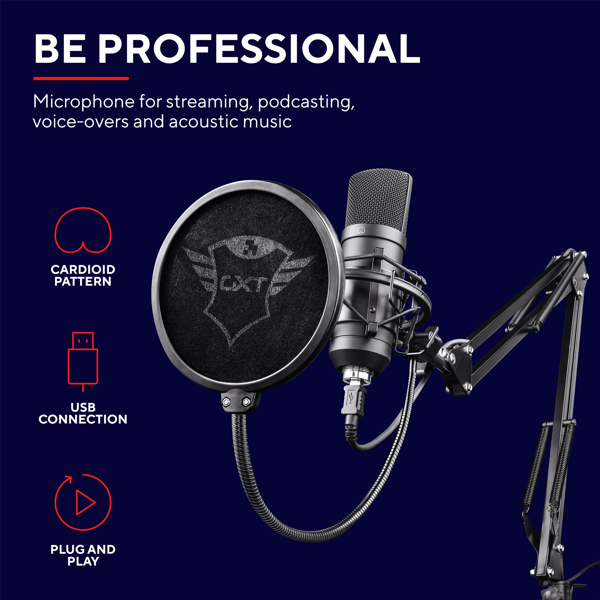 Ein schwarzes Mikrofon mit Pop-Filter und Ständer, USB-Anschluss, Plug & Play.