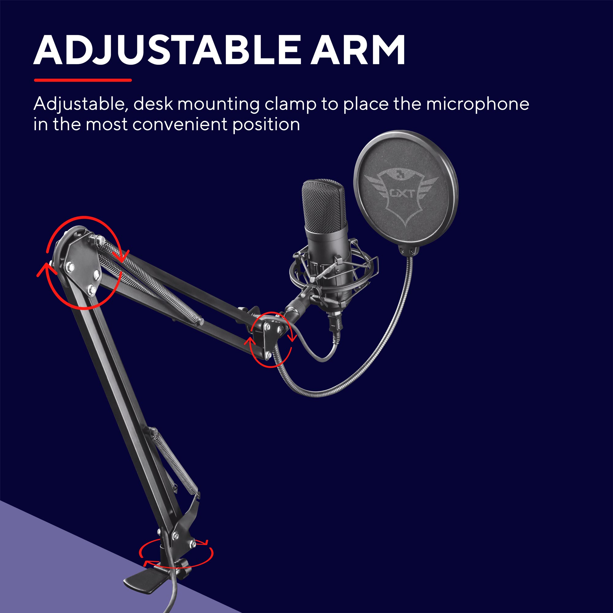 Mikrofon an einem verstellbaren Arm, mit Pop-Filter und Tischklemme.